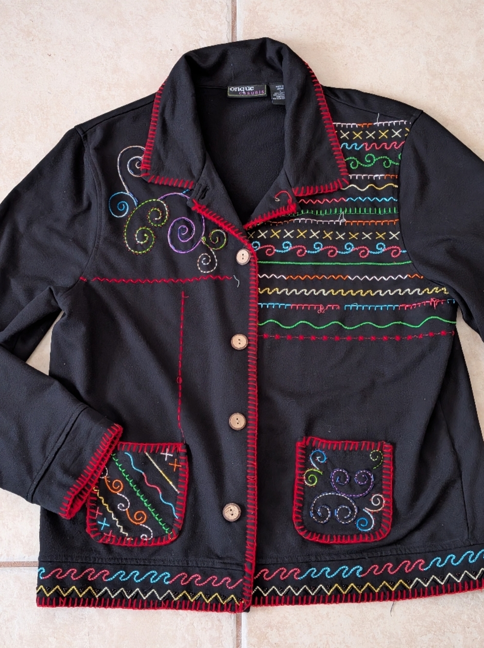 Vintage Onque Casuals Colorful Embroidered Cardigan Size Large